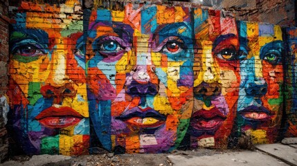 A striking mural fills a brick wall with colorful faces showcasing bold artistry in a vibrant urban setting. The artwork features varied expressions and hues creating a lively scene.