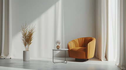 elegant designer chair and coffee table in minimal studio background, clean product photography style, cinematic 16:9