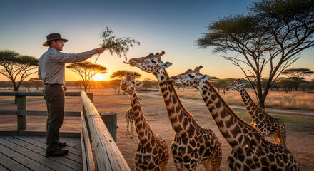 Man on safari feeding giraffes at sunrise. Wildlife encounter and African adventure concept for travel and tourism.