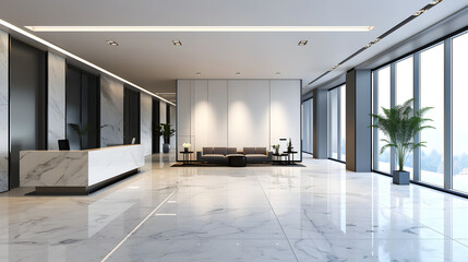 modern corporate office lobby with marble floors, designer sofas, stylish reception desk, large windows, clean architectural lines, cinematic 16:9