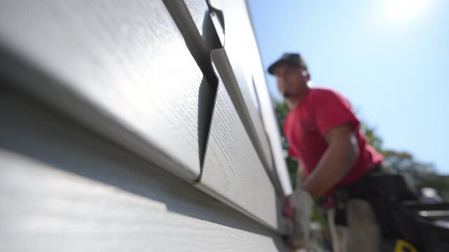 A worker installing plastic a panel siding on the outside wall of the residential house