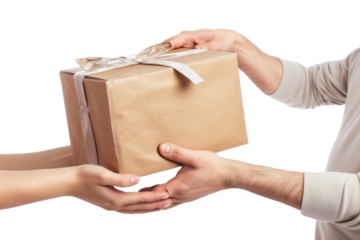 Two people sending one package cardboard box