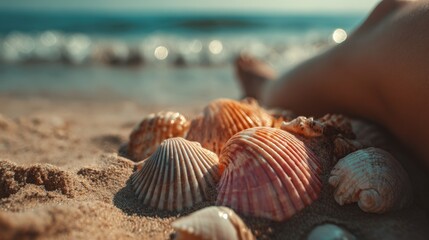 Shells laid out near a woman's foot on the beach.