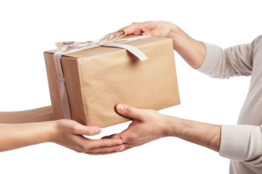 Two people sending one package cardboard box