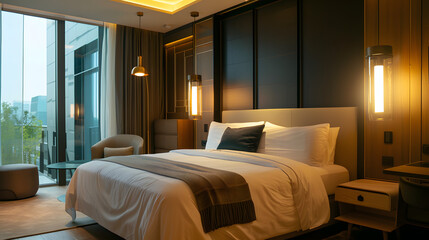 luxury hotel suite bedroom with king-size bed, large windows, warm lighting, elegant furniture, cinematic hospitality design, 16:9