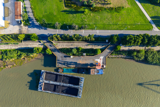 Aerial view of industrial cargo port terminal