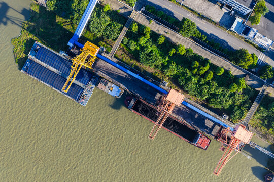 Aerial view of industrial cargo port terminal