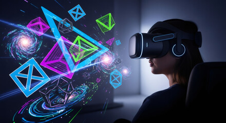 Woman experiencing metaverse with VR headset. Virtual reality space with geometric shapes and swirling galaxies. Future technology and digital interaction.