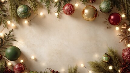 Warm Christmas Background with Vintage Ornaments and Pine Branches