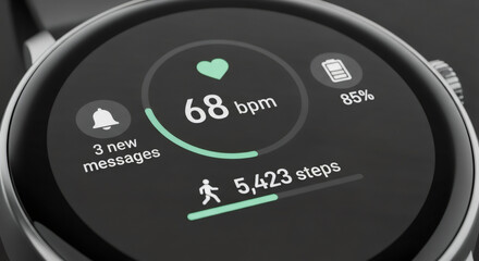 Smartwatch screen displaying health metrics and notifications. Digital data visualization for fitness tracking and personal device communication.