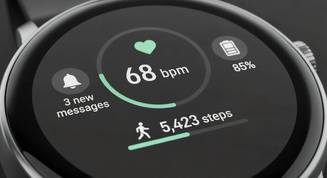 Smartwatch screen displaying health metrics and notifications. Digital data visualization for fitness tracking and personal device communication.