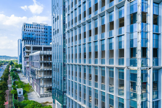 Close-up view of unfinished office building under construction