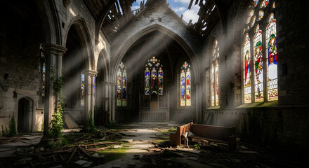 Abandoned church with broken stained glass, light rays cutting through dust.