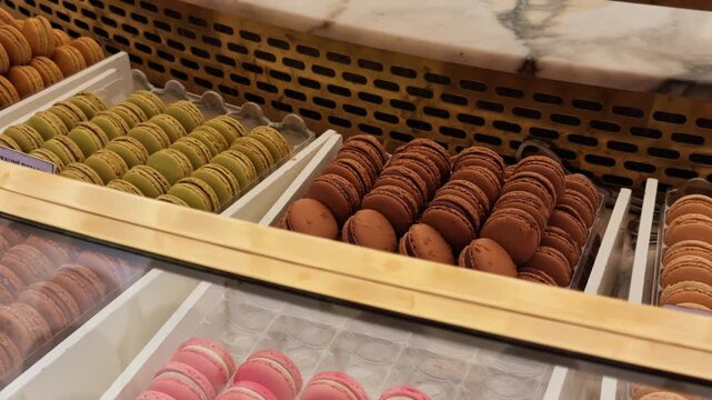 A Vibrant and Colorful Display of Exquisite Macarons in a Gourmet Bakerys Elegant Showcase for Pastries