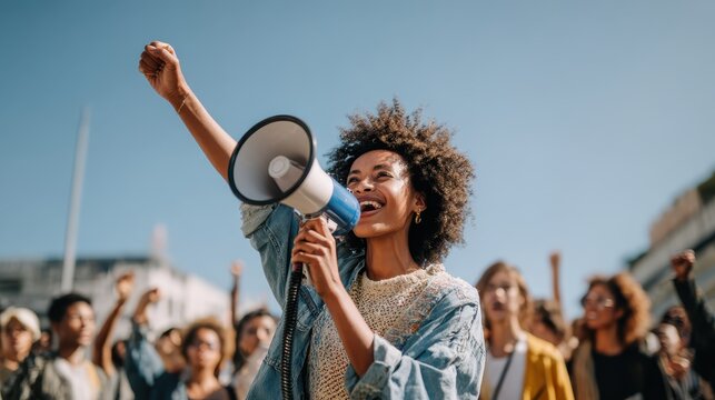 Young Black woman leading a peaceful protest with a megaphone, raising her arm while speaking passionately, diverse group of young people standing behind her in support social justice theme, activism 