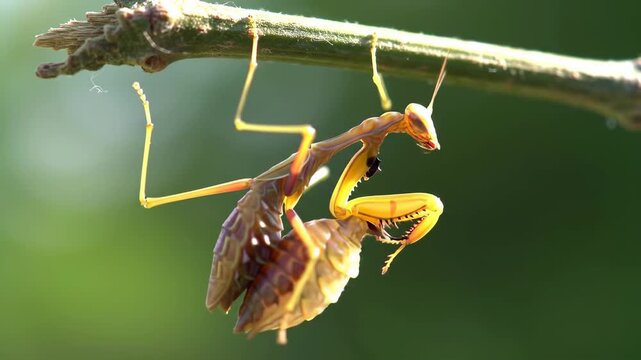 Praying Mantis Hanging Upside Down From a Branch Eating Prey.
