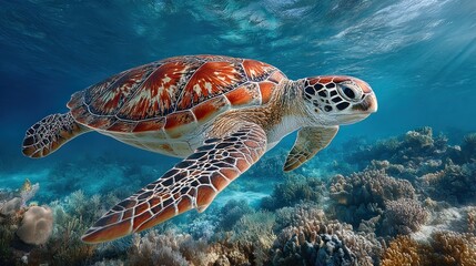 Fototapeta premium Underwater sea turtle swimming in the ocean with coral reefs in the background