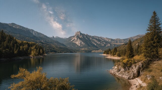 Scenic landscape of a serene lake surrounded by majestic mountains and forest