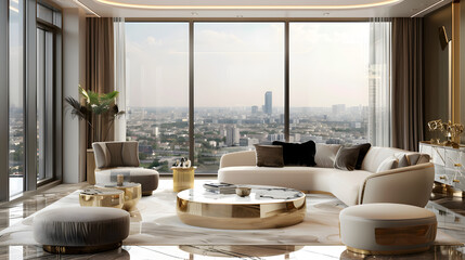 luxury penthouse living room with panoramic city view, elegant furniture, marble coffee table, golden accents, cinematic 16:9
