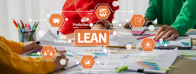 A collaborative workspace scene showcasing hands engaging in lean production strategies with visual...