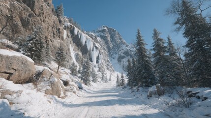 Winter landscape with snowy road, mountains, trees, and icicles under a clear blue sky