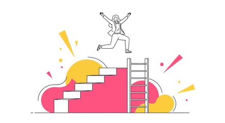 Fototapeta premium Businesswoman Celebrating Success Achieving Dreams Above Staircase And Ladder, Concepts