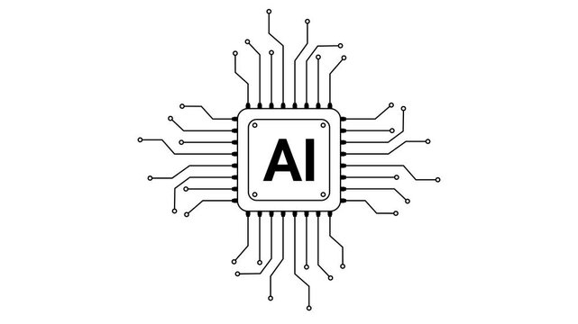 Black AI processor chip outline icon animation with smooth circuit lines motion on white background and green screen background. 4K animated chip icon for technology, overlays, and motion graphics.