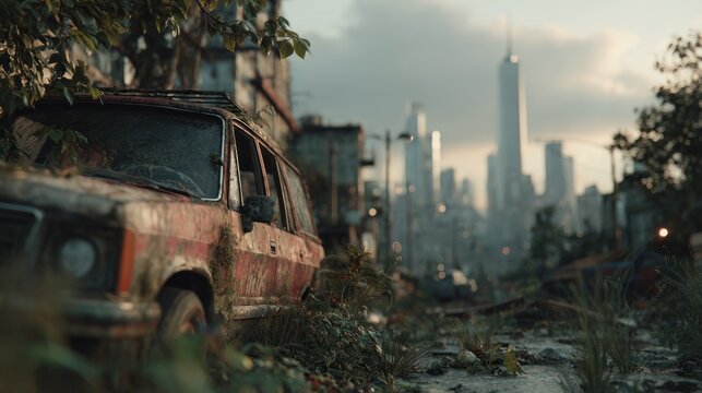 Post-apocalyptic scene depicting a ruined city with an abandoned car, dystopian concept