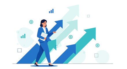 Fototapeta premium Businesswoman Leading Financial Growth With Upward Arrows And Positive Charts Representation