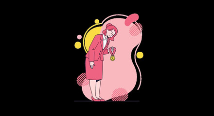 Businesswoman looking at a medal, representing success and achievement on black background