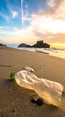 Obraz premium Beach scene with plastic bottle, ocean, rocks, and sunset