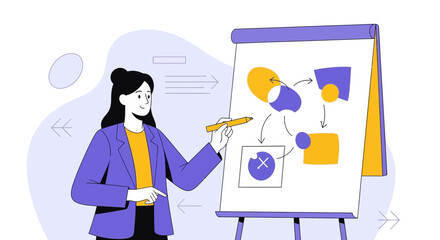 Businesswoman Presenting Ideas And Concepts With A Whiteboard In A Modern Flat Illustration