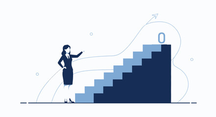 Businesswoman Standing Near Staircase with Zero on Top, Directional Growth and Progress Concept
