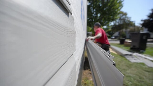 A worker installing plastic panel siding on the outside wall of the residential house