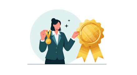 Businesswoman with award medal symbolizing achievement, winning, and succes in leadership style