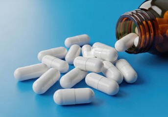 A collection of white oval pills spilling out of a brown glass medicine bottle onto a vibrant blue surface