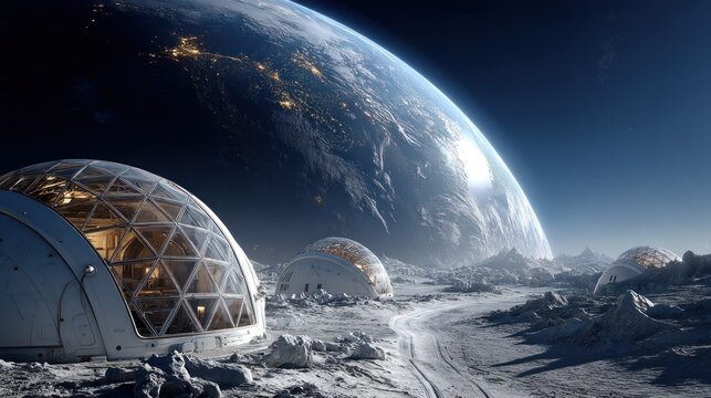 Conceptual image of a moon colony with earth in the background
