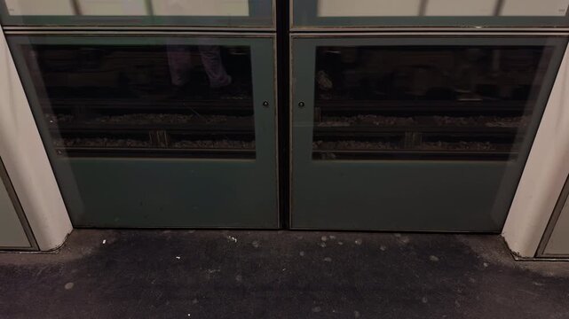 A Close Up View of Train Doors with the Tracks Clearly Visible Below the Doors for Commuters and Travelers