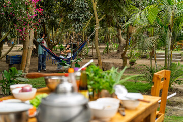 Preparing fresh ingredients outdoors at country restaurant