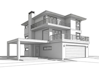 A 3d architectural rendering of a modern, multistory house with balconies and a garage