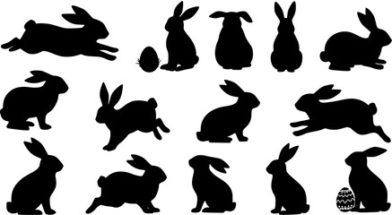 Set of diverse black rabbit and Easter bunny silhouettes in various poses, including Easter eggs, perfect for spring holidays and animal-themed designs.