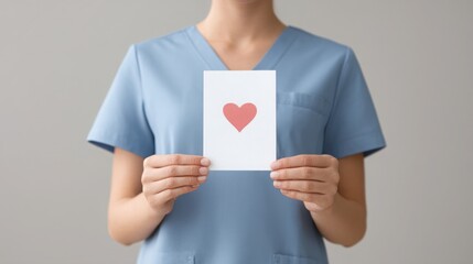 holiday healthcare workers A healthcare worker holds a card with a heart symbol, showcasing compassion and care.