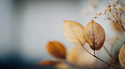Delicate dried leaves with vein patterns, blurred background. The beauty of autumn with warm, earthy tones and delicate details of the foliage. The shallow depth of field adds a soft, dreamy quality.