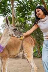 Young woman feeding llama in natural park