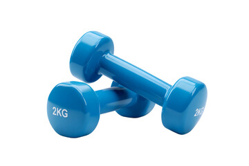 Two bright blue small dumbbells for fitness and exercise isolated on transparent background
