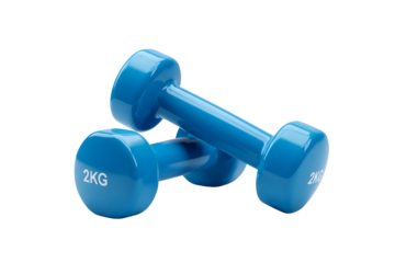 Two bright blue small dumbbells for fitness and exercise isolated on transparent background