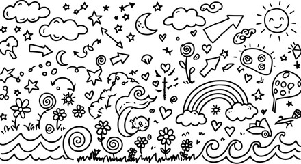 Whimsical Black and White Doodle Art: Clouds, Stars, Rainbows, Flowers, and More