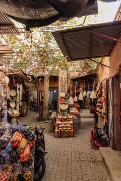 Traditional Moroccan souk with handmade crafts
