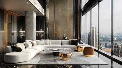 luxury penthouse living room with panoramic city view, elegant furniture, marble coffee table, golden accents, cinematic 16:9
