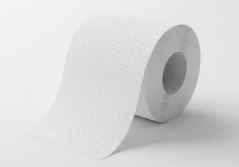 A single roll of white textured toilet paper is shown on a plain white background